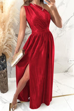 One Shoulder Slit Ruched Maxi Dress - Ladyez