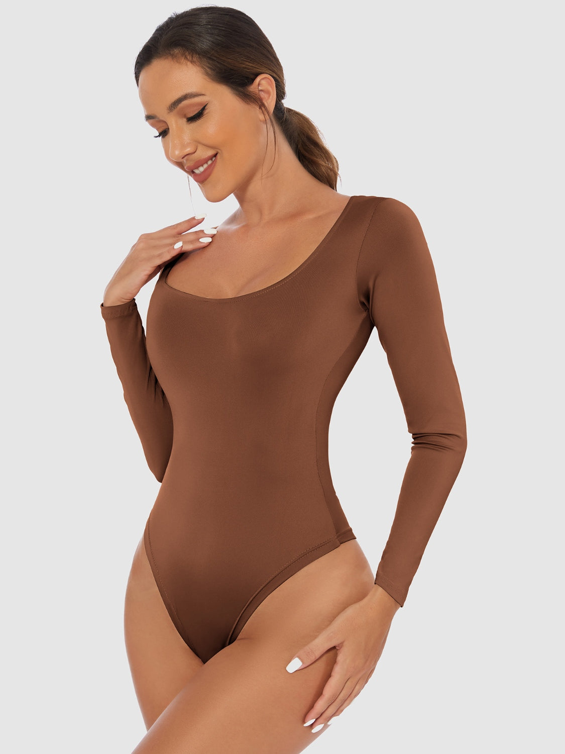 Full Size Scoop Neck Long Sleeve Bodysuit - Ladyez