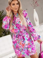 Floral Print Round Neck Long Sleeve Dress - Ladyez