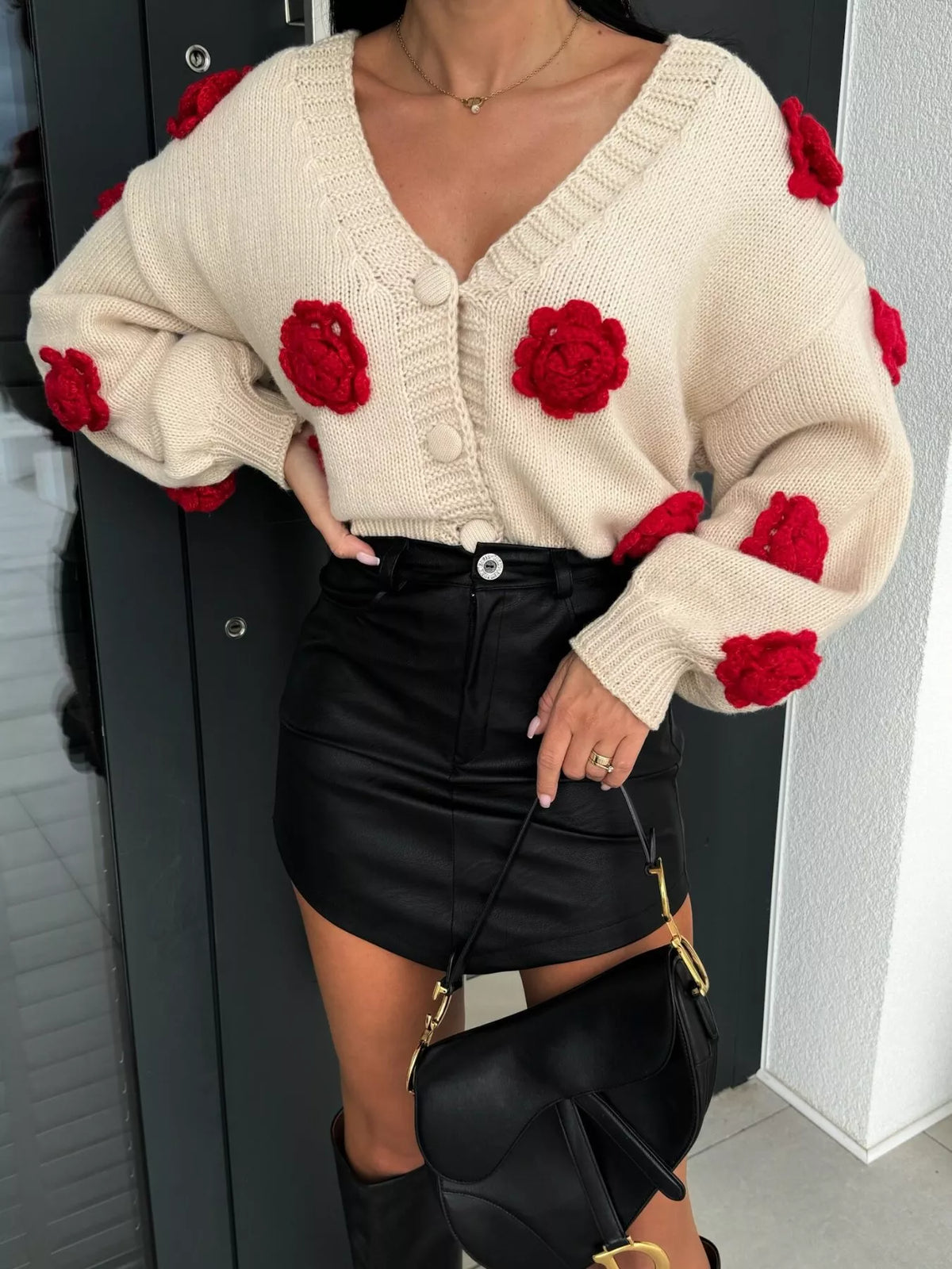 Rose Embellished V-Neck Cardigan