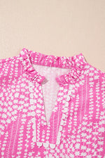 Abstract Print Ric Rac Trim Flutter Sleeve Notched Blouse