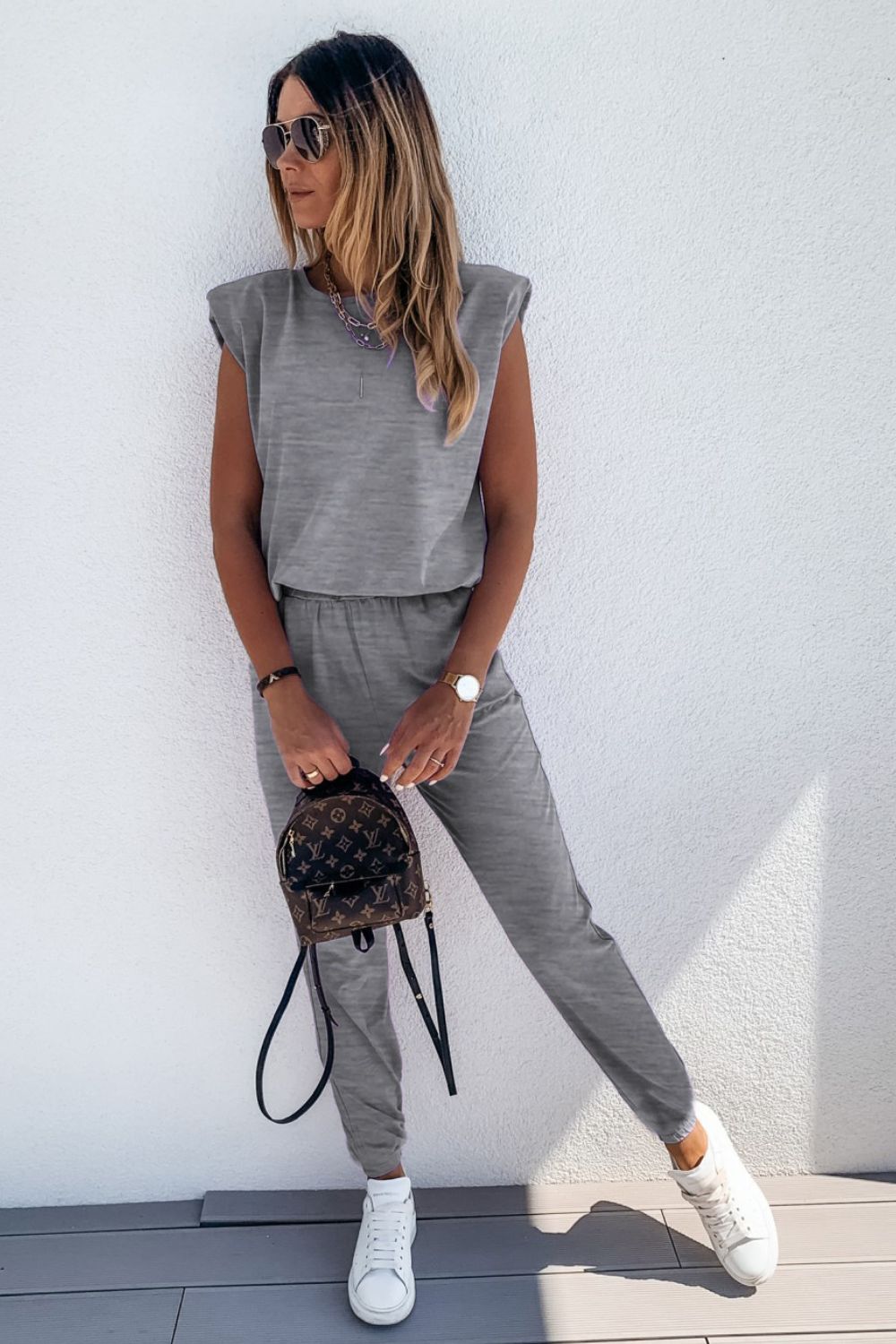 Padded Shoulder Top and Joggers Lounge Set - Ladyez