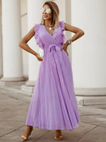 Tied Surplice Cap Sleeve Pleated Dress - Ladyez