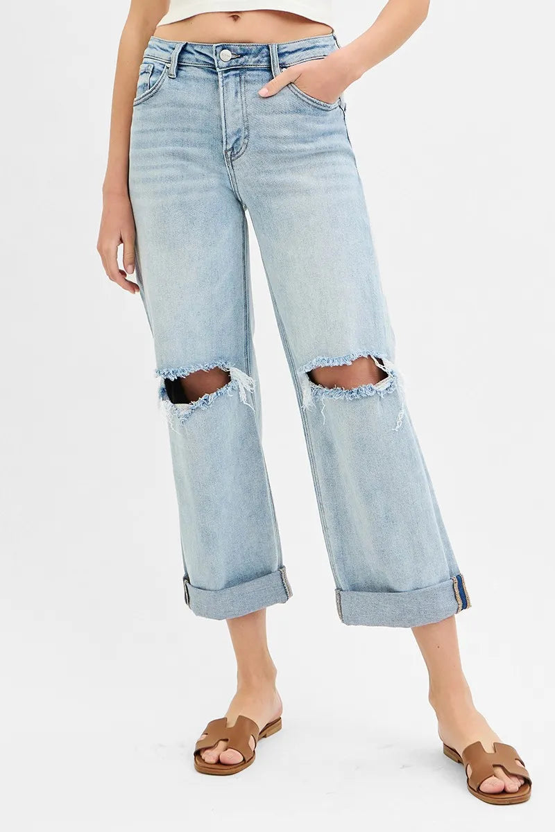 RISEN Full Size Mid Rise Fit Boyfriend Jeans with Cuff Plus Size - Ladyez