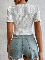 Eyelet Drawstring Puff Sleeve Crop Blouse