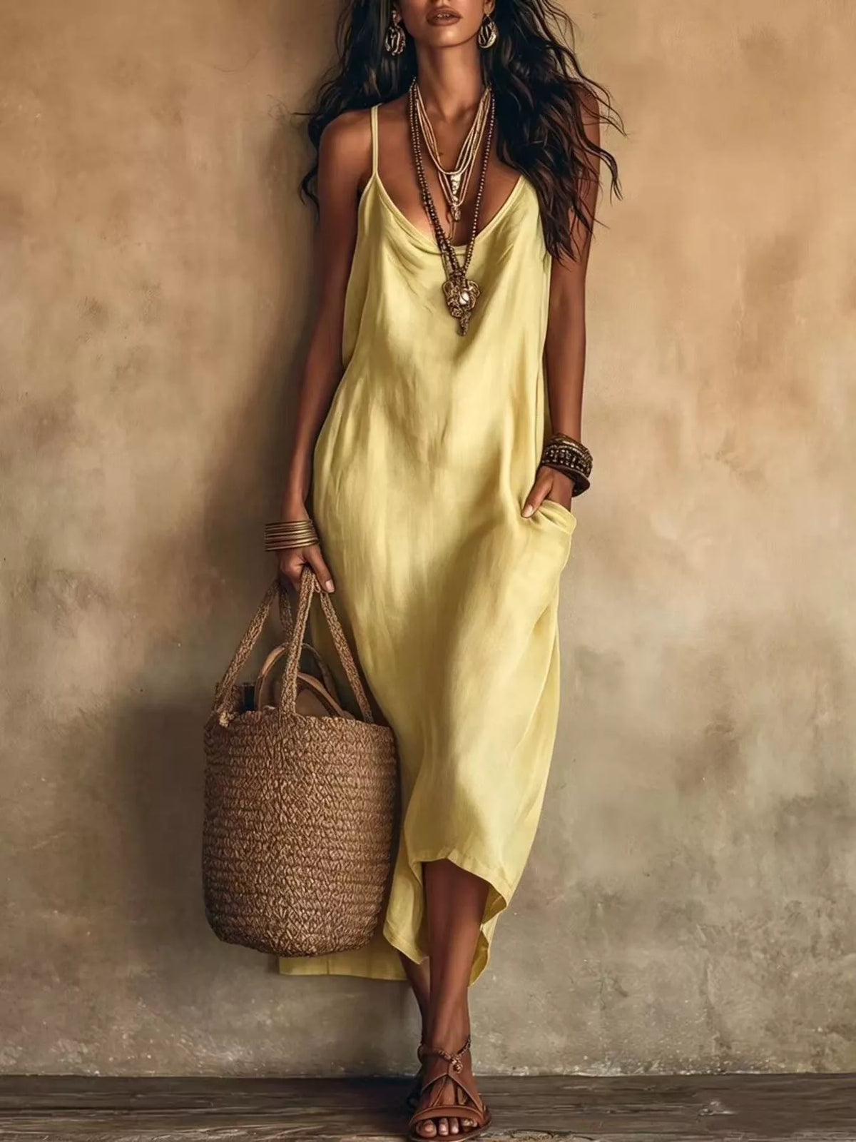Full Size Spaghetti Strap Midi Dress with Pockets Plus Size