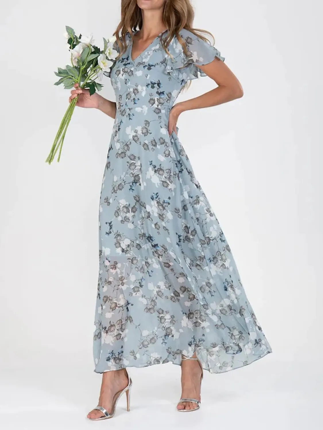 Floral V-Neck Flutter Sleeve Maxi Dress - Ladyez