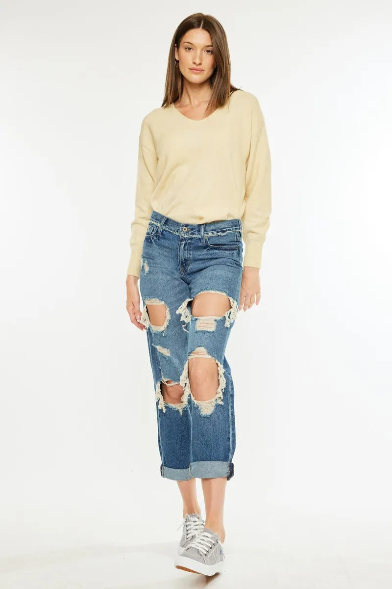Kancan Distressed Mid Rise True Boyfriend Jeans - Ladyez