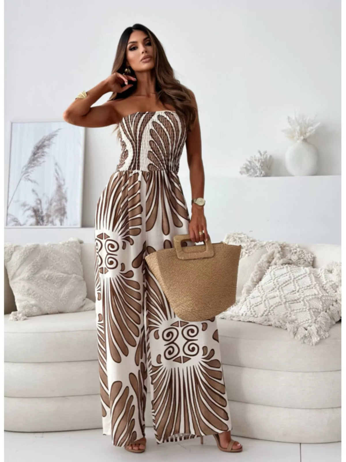 Printed Strapless Wide-Leg Jumpsuit