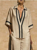 Full Size Contrast Trim Top and Pants Set Plus Size