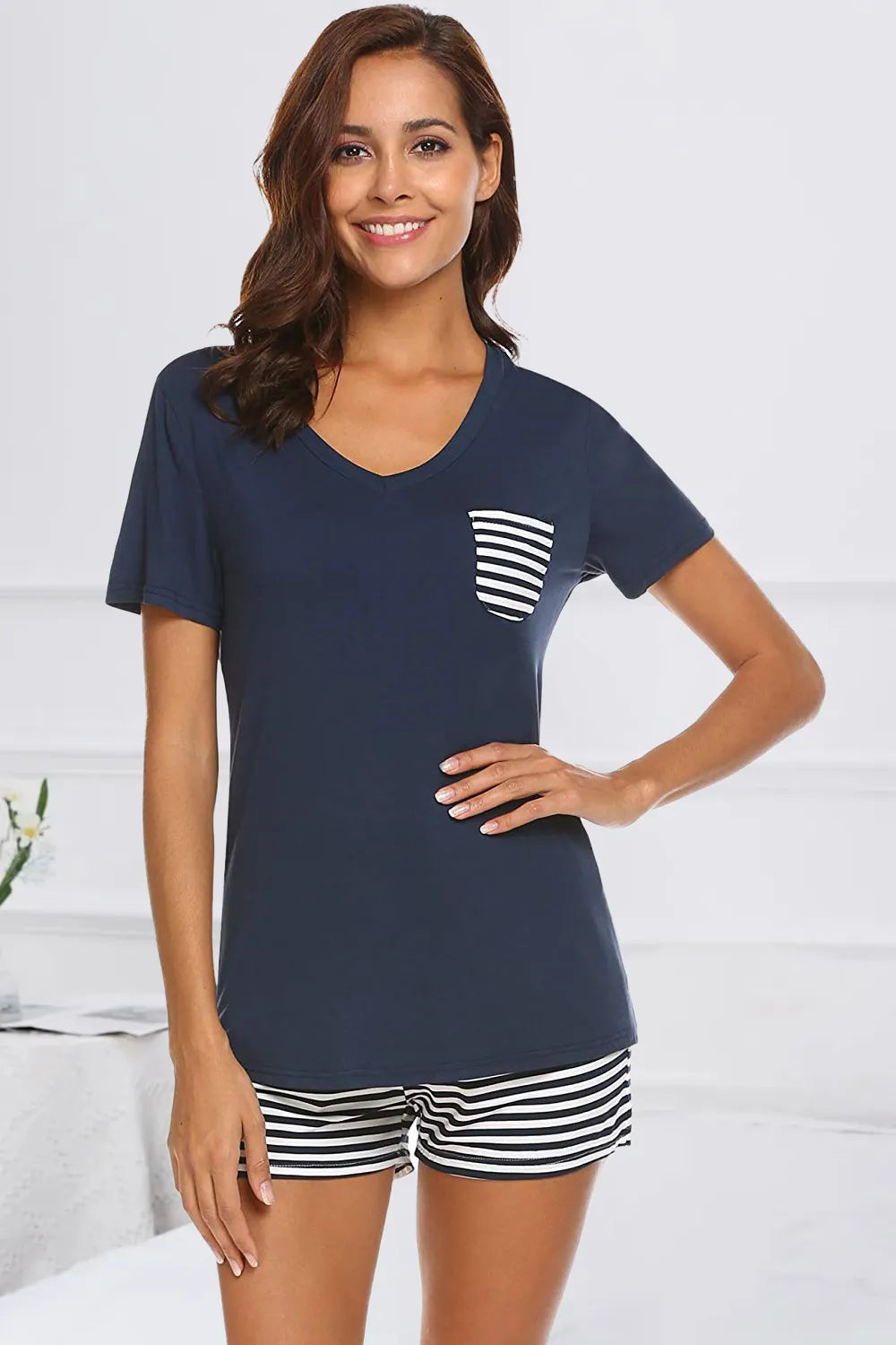 Striped Short Sleeve Top and Shorts Lounge Set - Ladyez