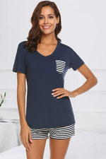 Striped Short Sleeve Top and Shorts Lounge Set - Ladyez