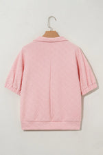 Contrast Striped Collar Patchwork Textured Half Sleeve Blouse