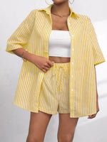 Striped Button Up Shirt and Shorts Casual Set