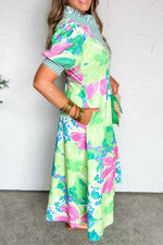 Floral Print Button-Up Midi Dress with Puff Sleeves