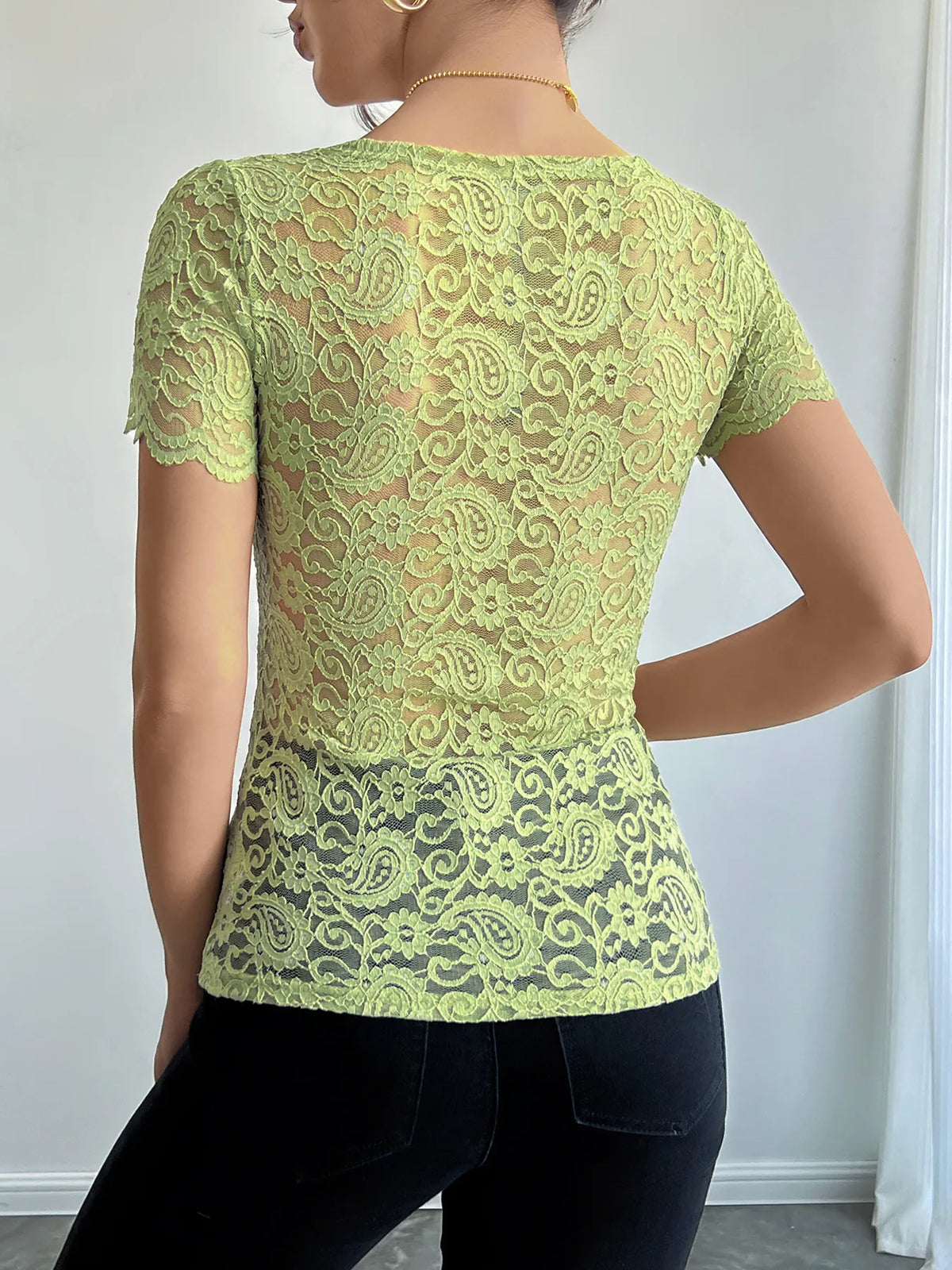 Floral Lace Square Neck T-Shirt - Ladyez