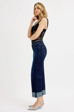 RISEN Full Size Mid Rise Fit Crop Wide With Printed Cuff Jeans Plus Size - Ladyez