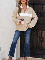 Fleece Colorblock Patchwork Zipped Neck Pullover Sweatshirt