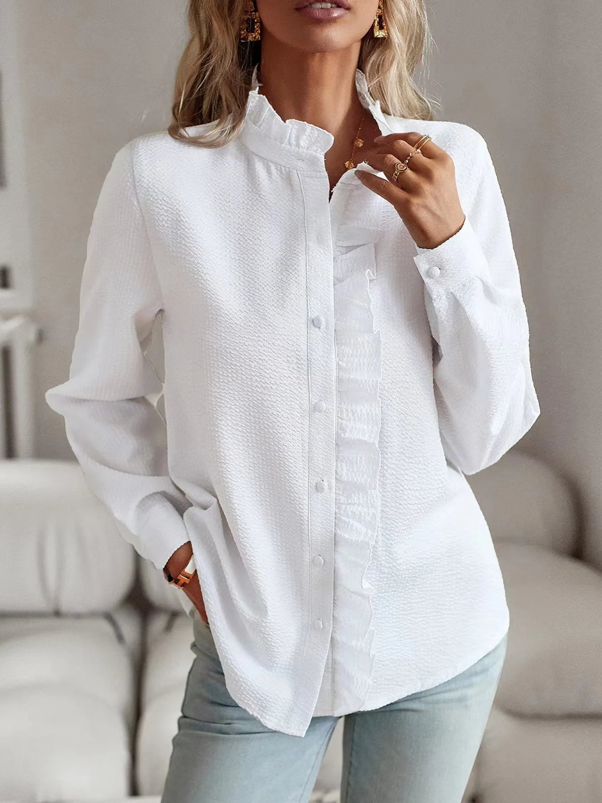 Striped Ruffle Detail Button-Up Blouse - Ladyez