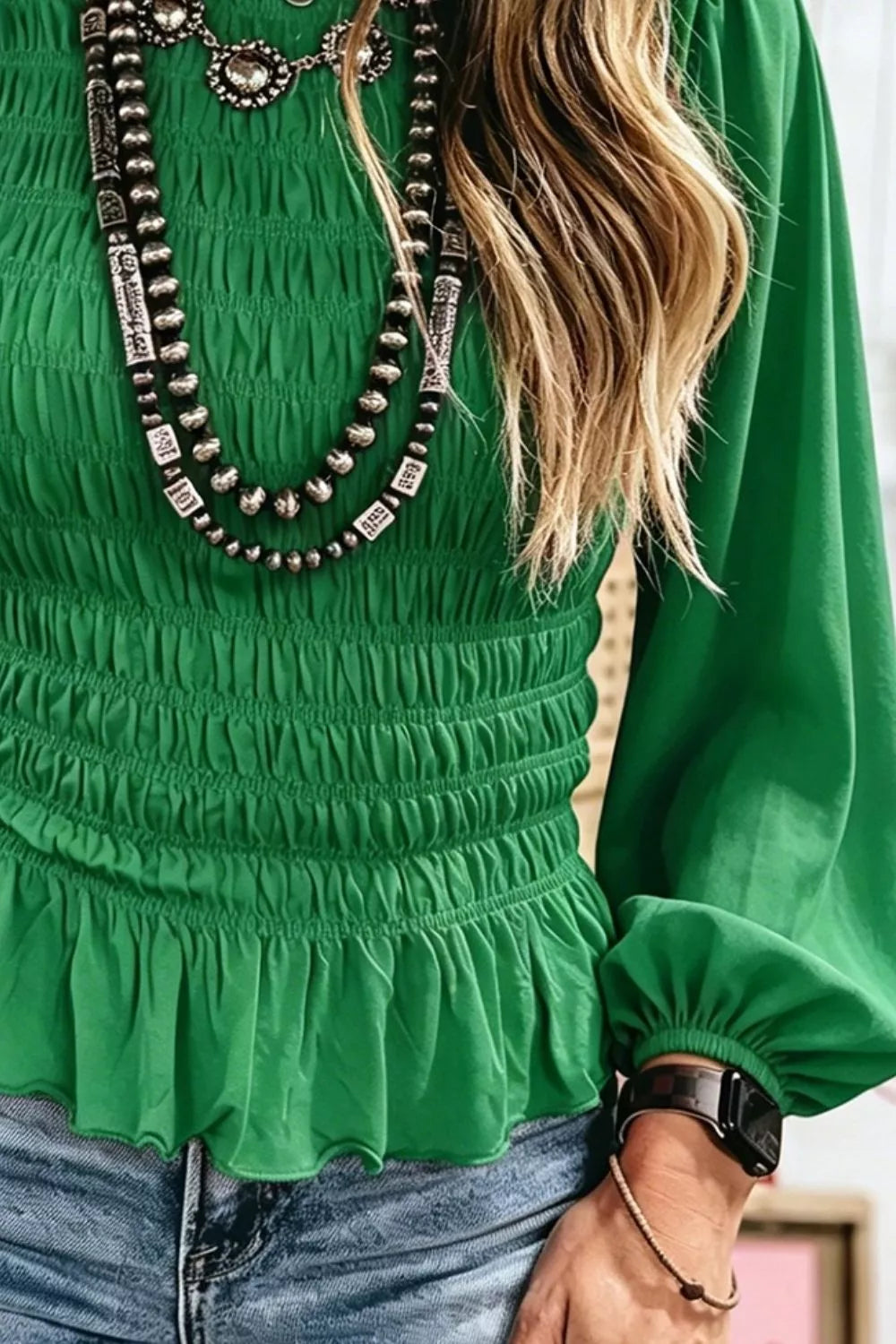 Smocked Balloon Sleeves Peplum Blouse