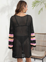 Openwork Contrast Long Sleeve Cover-Up - Ladyez