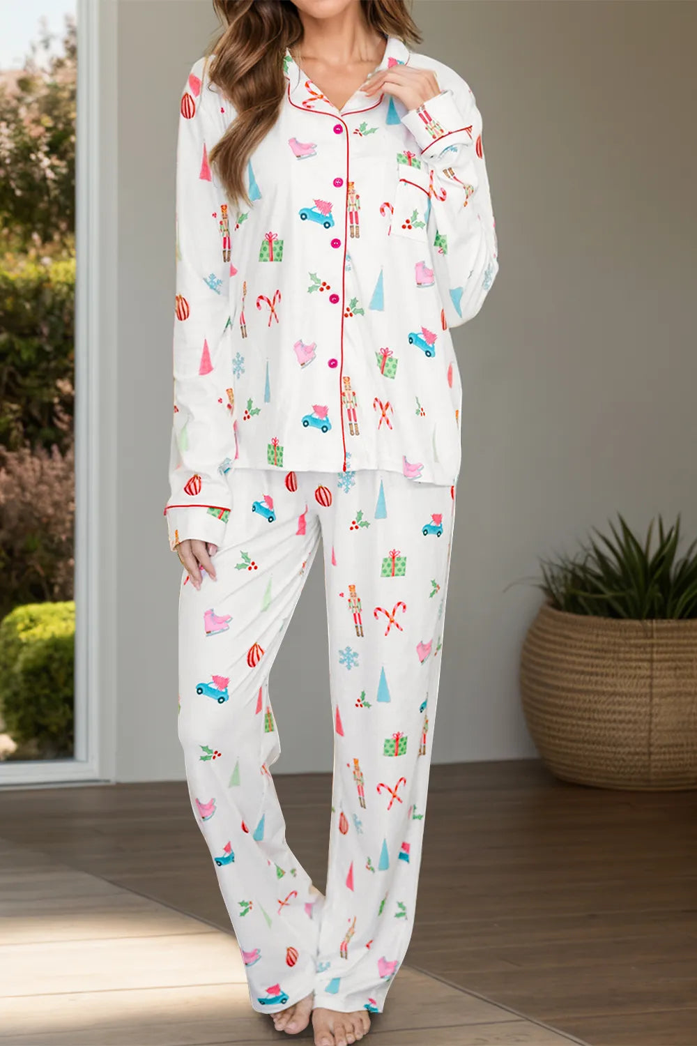Printed Collared Neck Long Sleeve Top and Pants Lounge Set - Ladyez