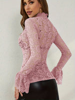 Mock Neck Long Sleeve Lace Top - Ladyez