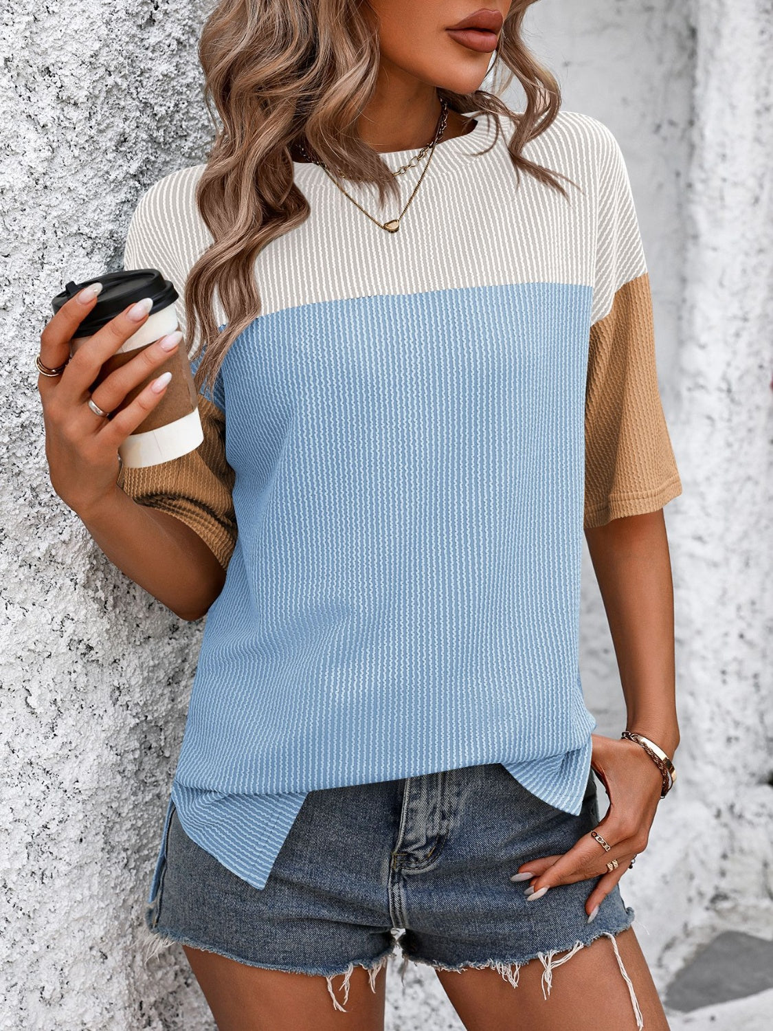 Mandy Color Block Round Neck Half Sleeve T-Shirt - Ladyez
