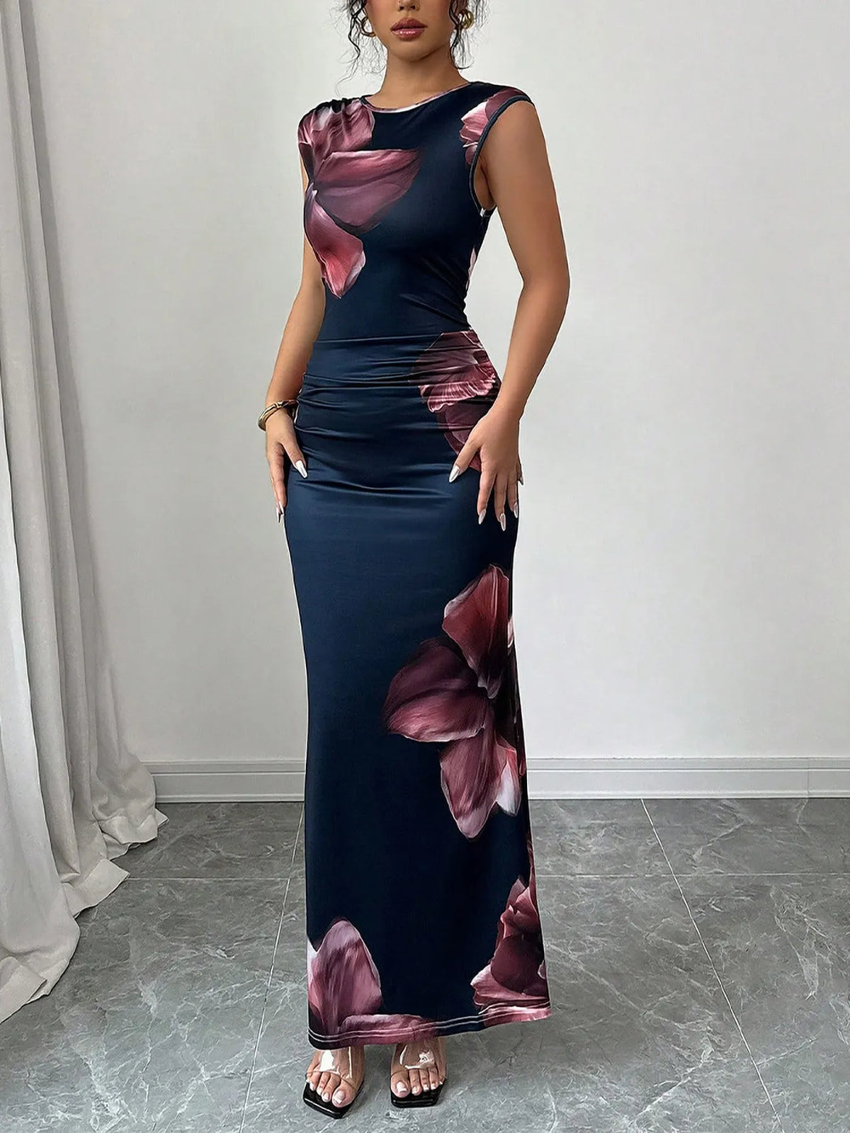 Floral Print Sleeveless Bodycon Maxi Dress - Ladyez