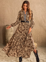 Ruched Printed Notched Long Sleeve Maxi Dress - Ladyez