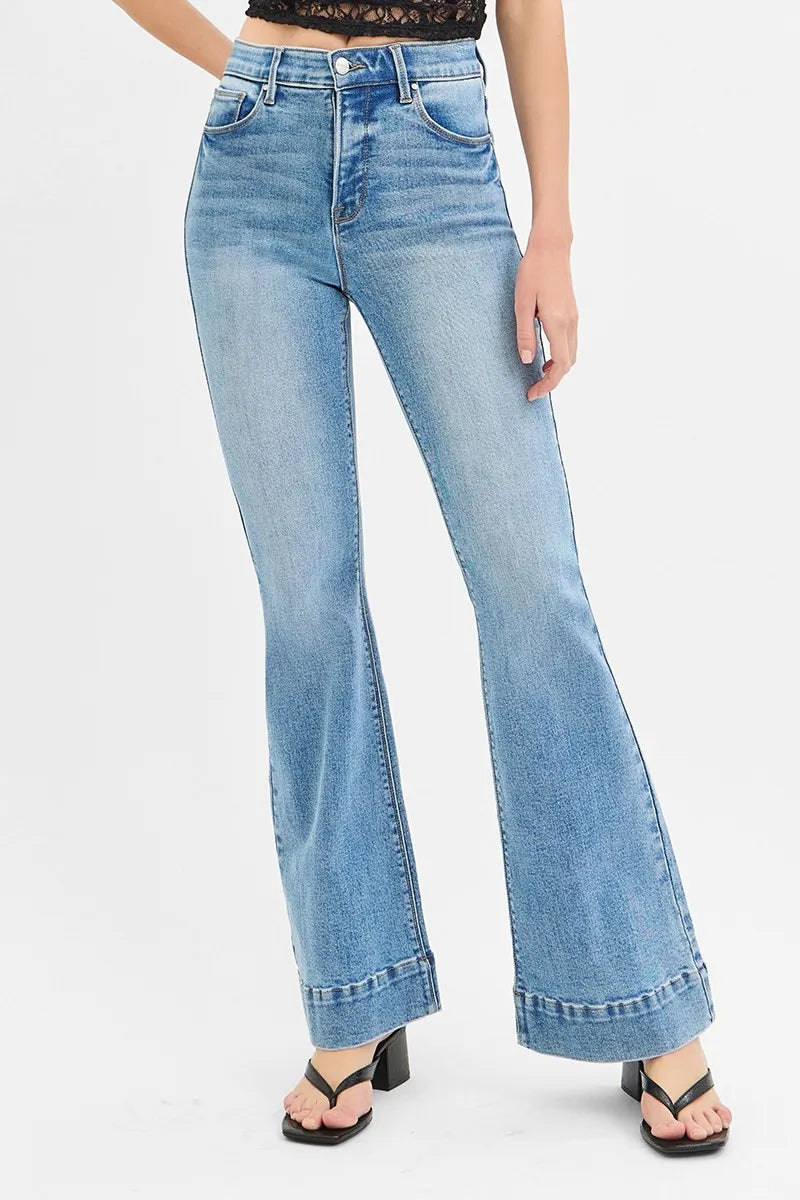 RISEN Full Size Tummy Control Elastic Band High Rise Flare Jeans Plus Size - Ladyez