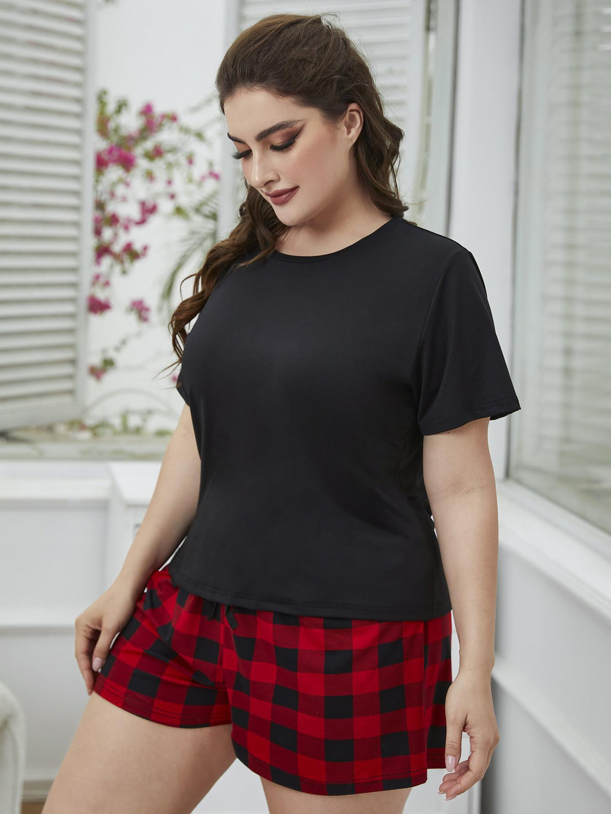 Plus Size Round Neck Tee Shirt and Plaid Shorts Lounge Set - Ladyez