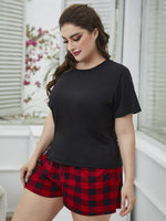 Plus Size Round Neck Tee Shirt and Plaid Shorts Lounge Set - Ladyez