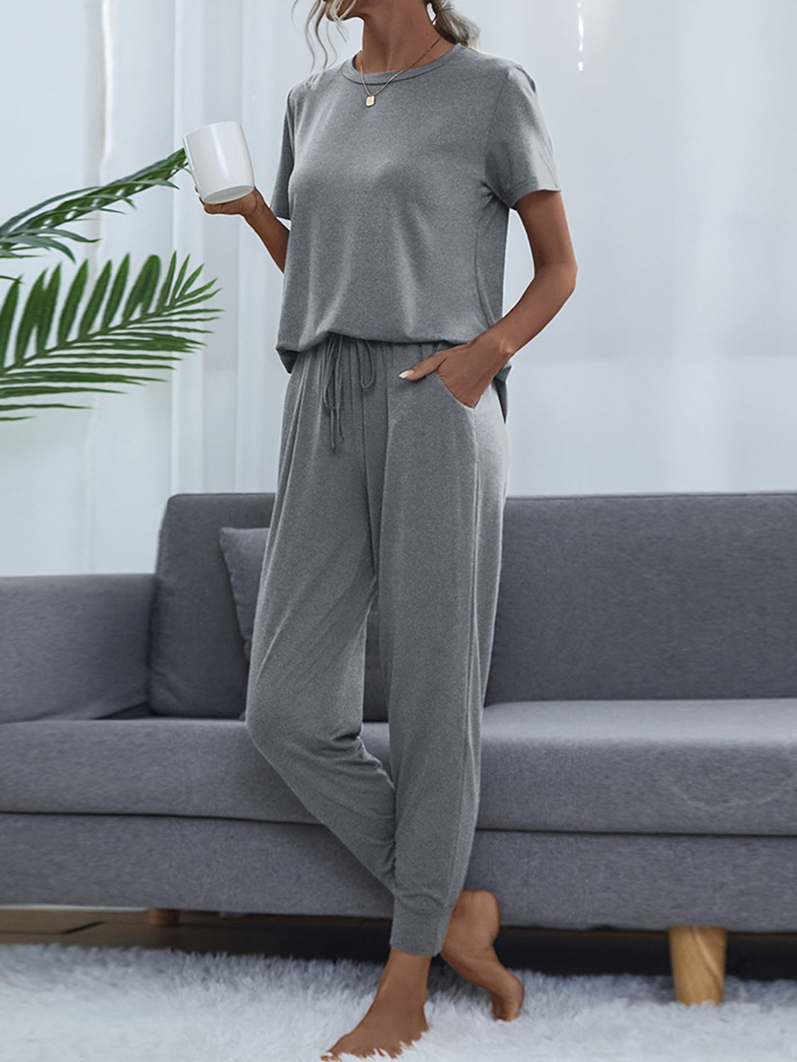 Shiny Round Neck Short Sleeve Top and Pants Set - Ladyez