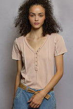 POL V-Neck Short Sleeve Top with Stitch Seam Detail