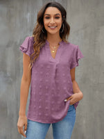 Swiss Dot Notched Flutter Sleeve Blouse