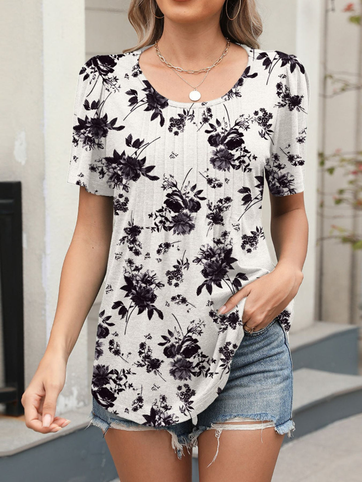 Floral Print Short Sleeve Blouse