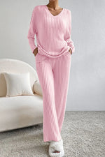 Ribbed V-Neck Top and Pants Lounge Set - Ladyez