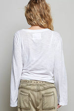 POL Contrast Hand-Stitch V-Neck Lightweight Knit Long Sleeve Top