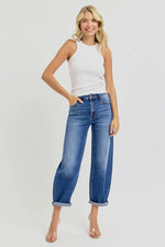 RISEN Full Size High Rise Crop Mild Barrel Jeans Plus Size - Ladyez