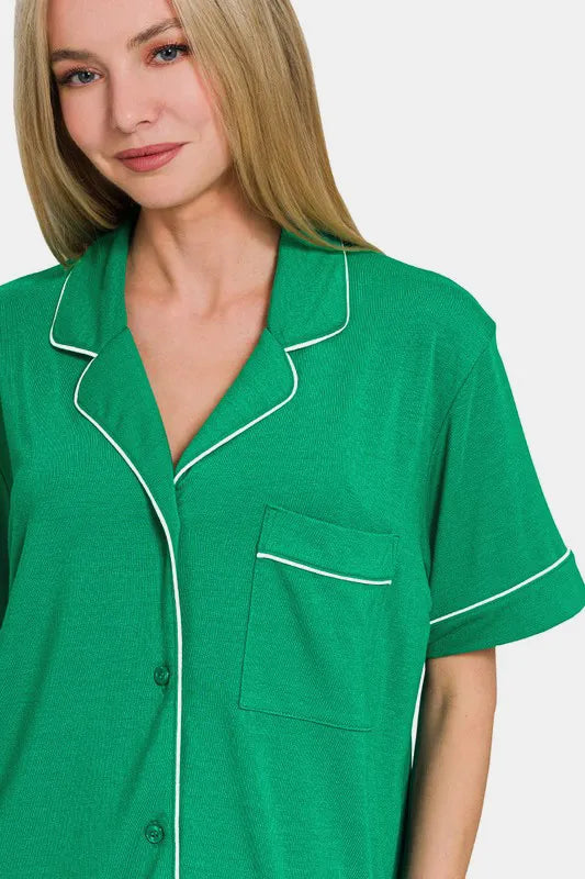 Zenana Button Down Short Sleeve Top and Shorts Lounge Set - Ladyez