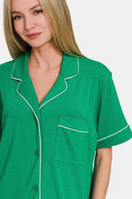 Zenana Button Down Short Sleeve Top and Shorts Lounge Set - Ladyez