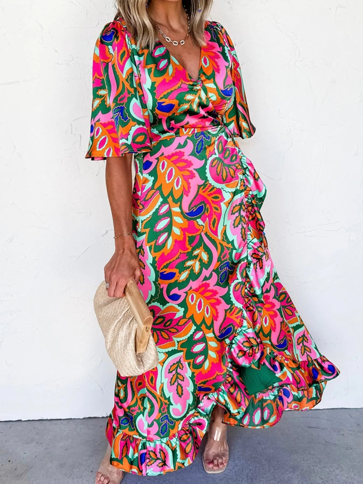 Floral Print Wrap Maxi Dress with Ruffle Details - Ladyez