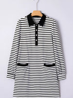 Stripe Buttoned Front Collared Long Sleeve T Shirt Dress with Pockets