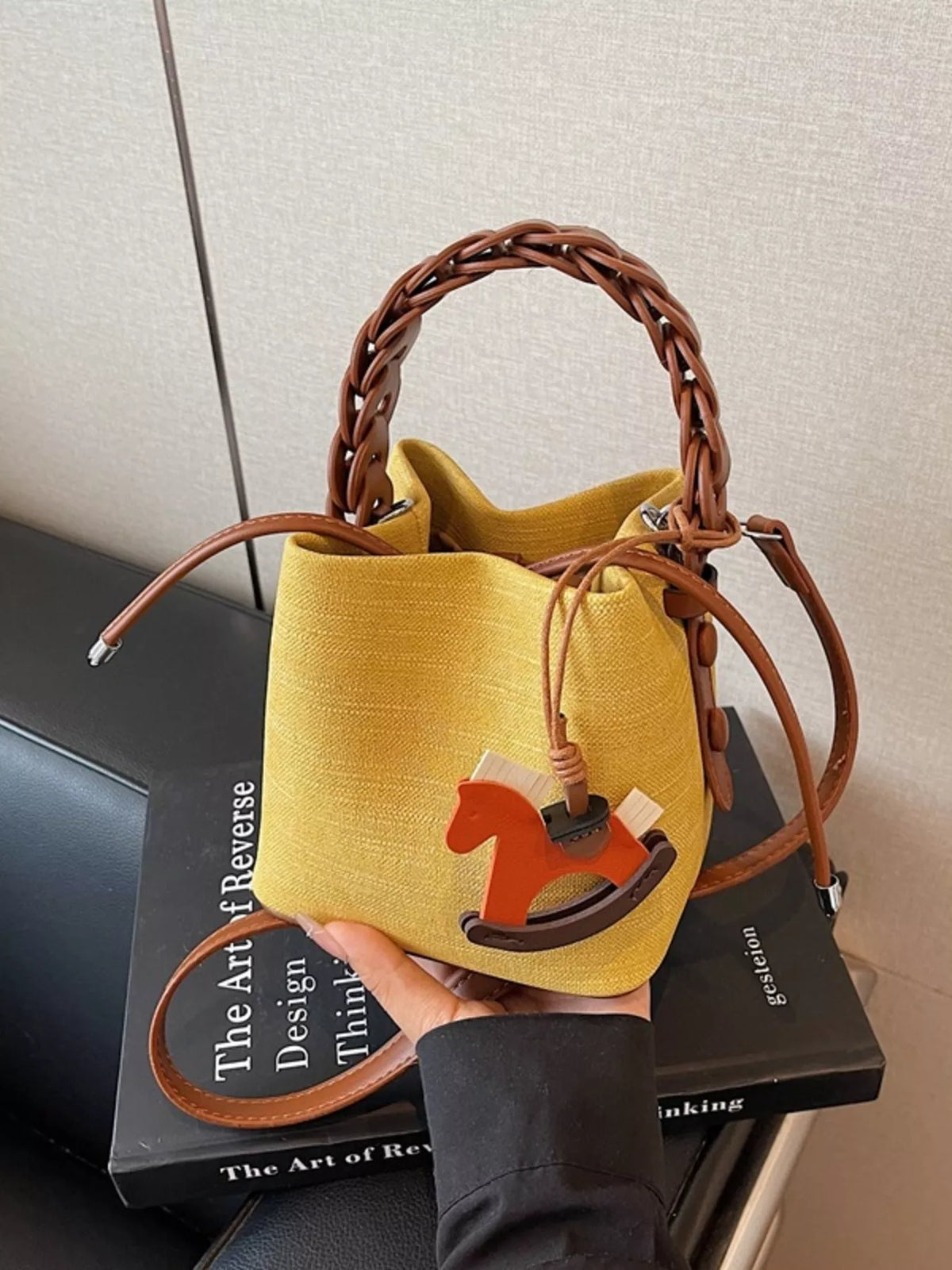 Braided Top Handle Bucket Crossbody Bag