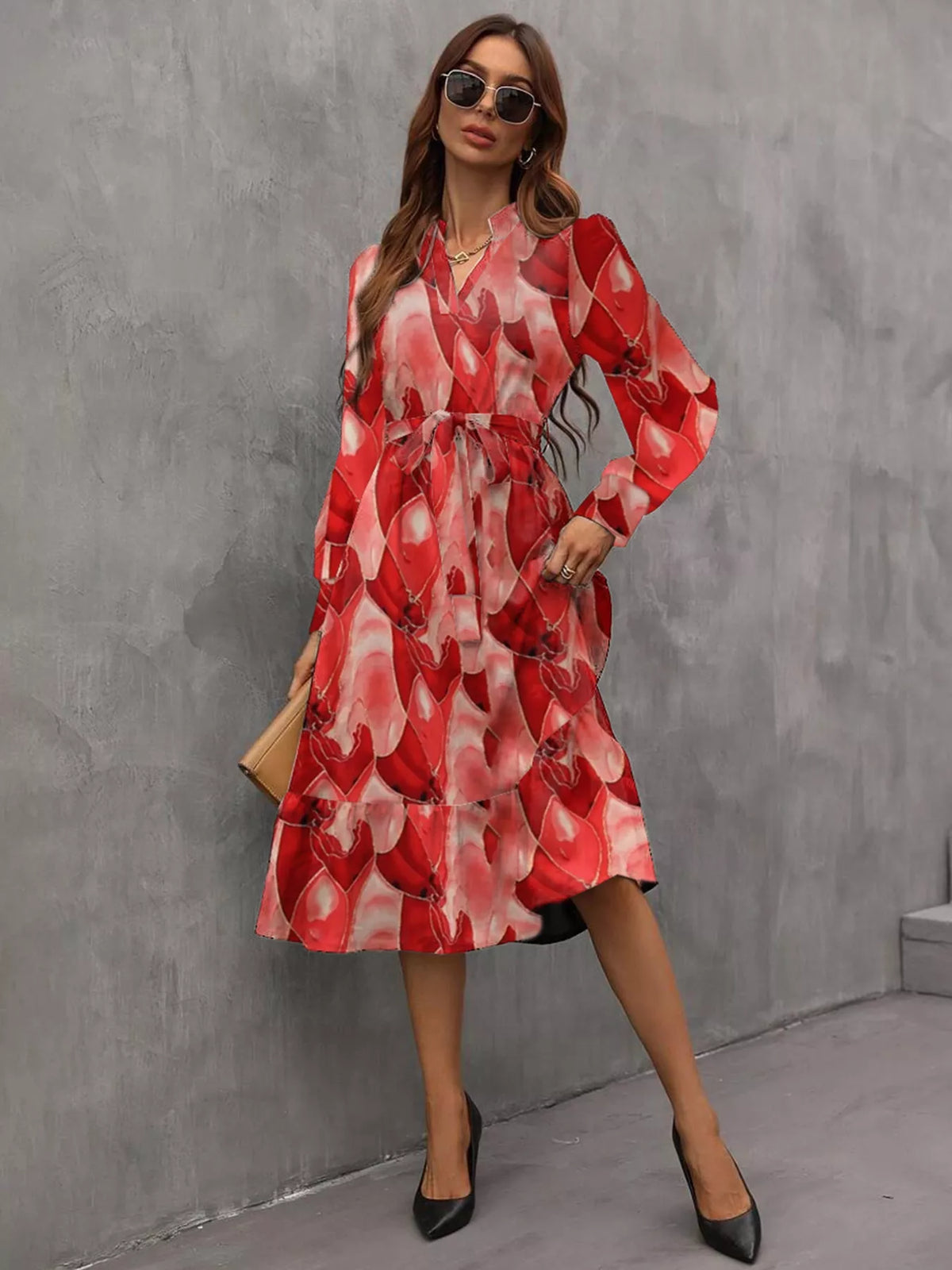 Notched Tie Waist Long Sleeve Dress