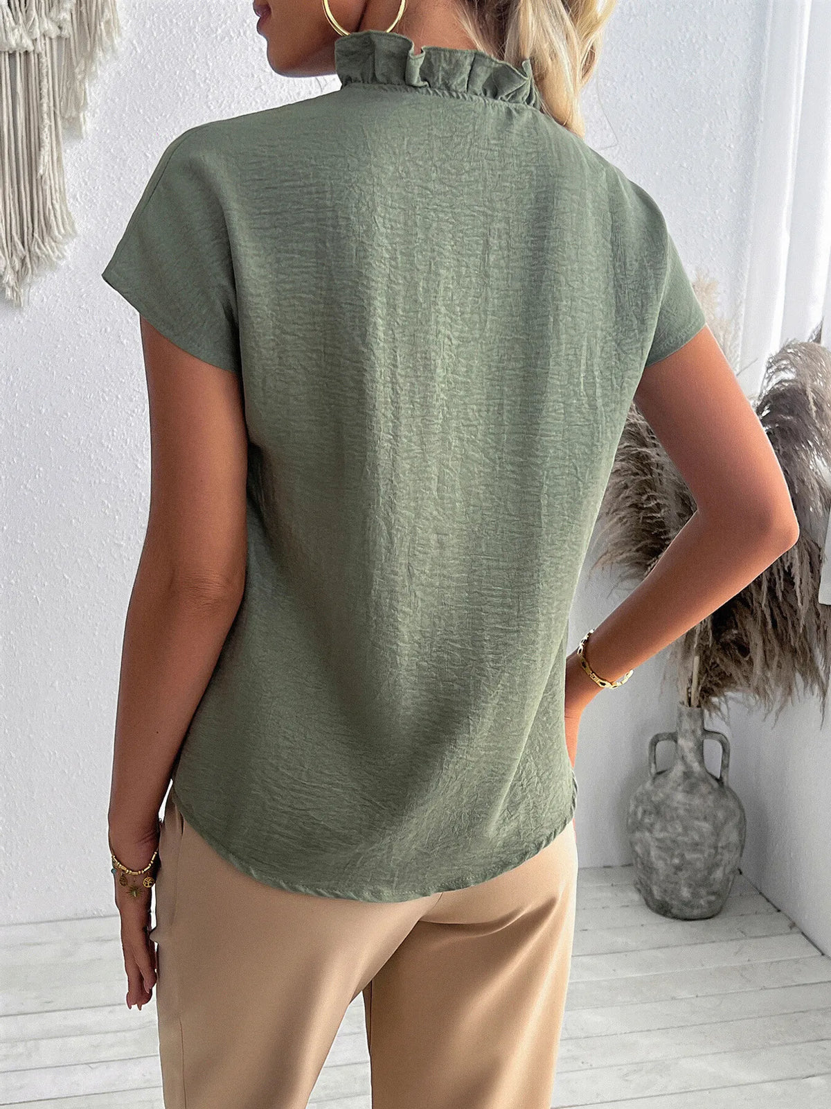 Ruffled V-Neck Short Sleeve Blouse - Ladyez