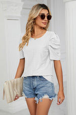 Eyelet Puff Sleeve Round Neck Blouse