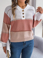 Color Block Striped V-Neck Button Detail Sweater