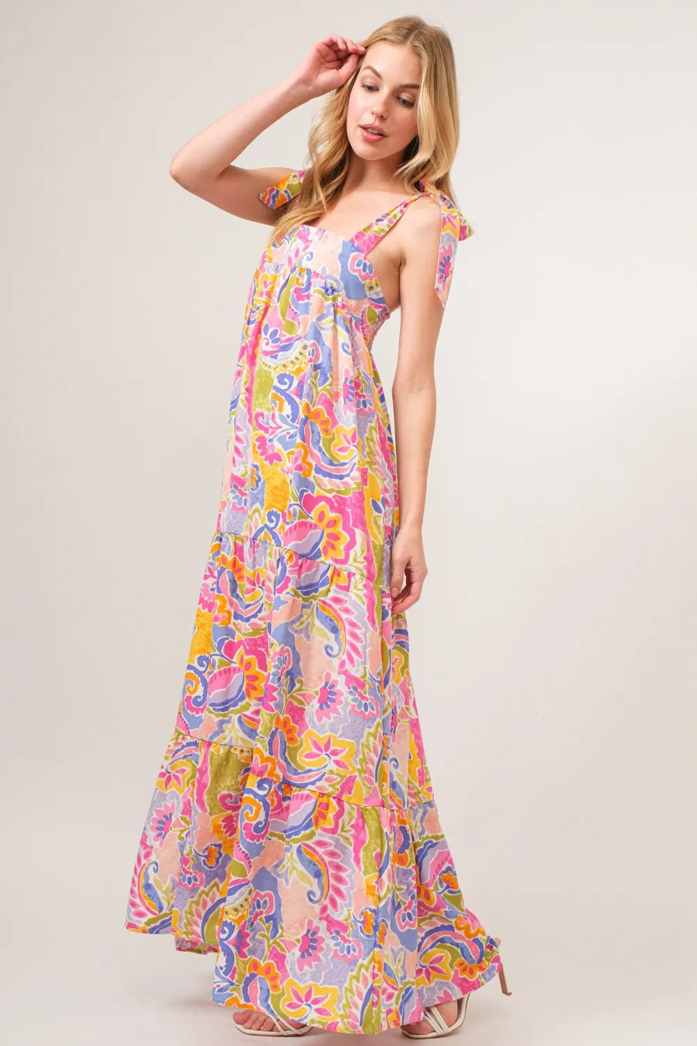 And The Why Full Size Printed Tie Shoulder Tiered Maxi Dress - Ladyez
